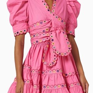 CeliaB Pink Eyelet-Trim Puff-Sleeve Wrap Mini Dress